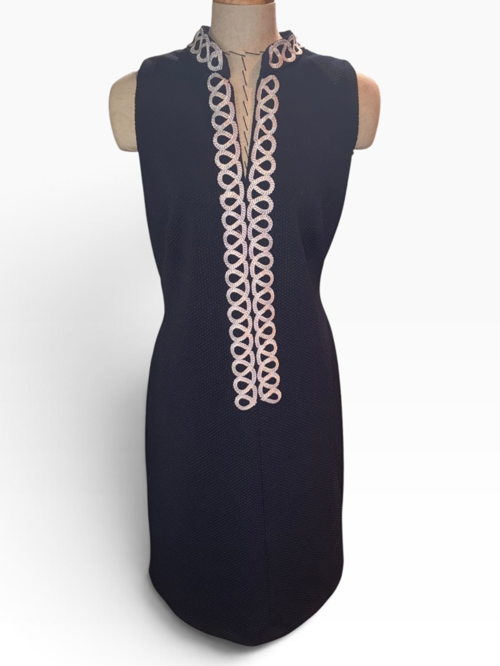 Sleeveless Blue(almost Black) Shift Dress with Decorative White Trim